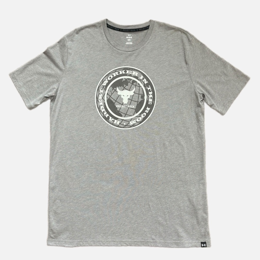 Under Armour Project Rock T-Shirt Gray Hardest Worker In The Room Large